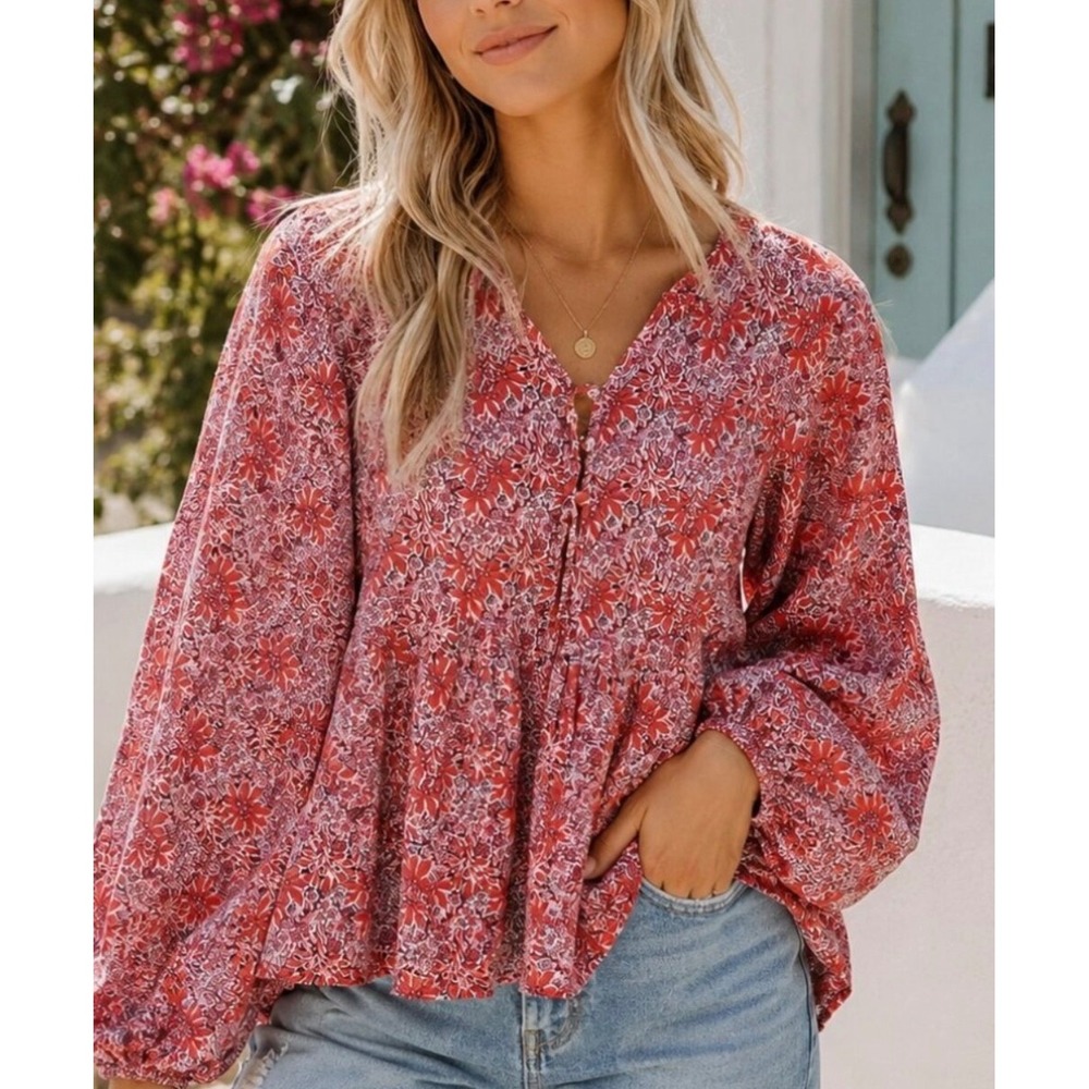 Solitaire Blouse Womens Medium Red Excellent Floral Balloon Sleeve Boho 22-207